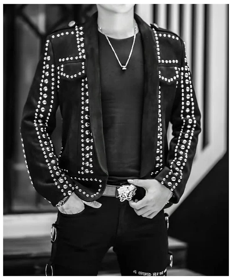 Мужской пиджак черный оленья кожа ручная работа серебряный для вечеринки