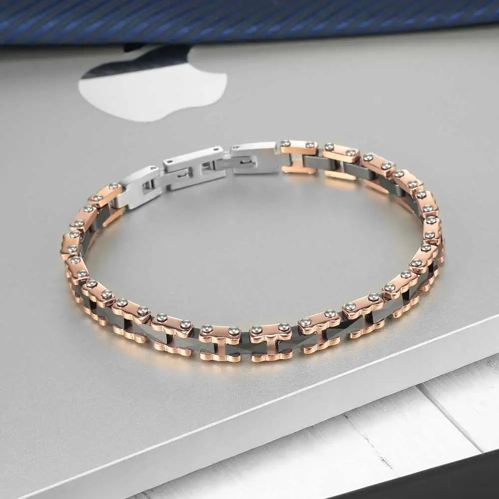 Moocare rose gold stainless steel wrist chain black women men charm bracelet ceramic jewelry accessories for ladies
