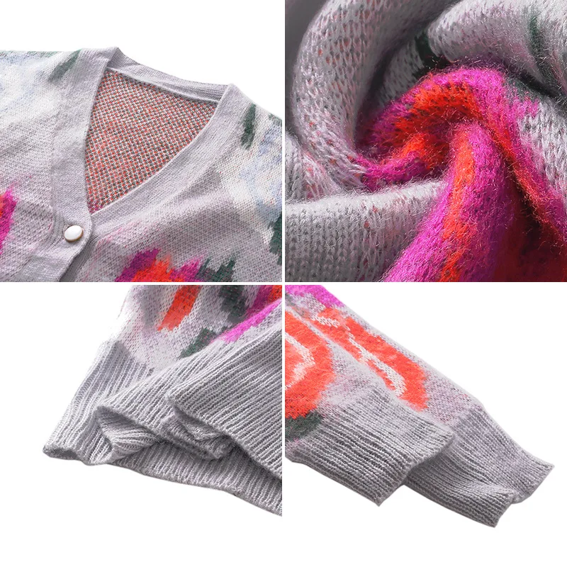 

Korean Style Contrast Color Jacquard Knitted Cardigan Outerwear Spring Autumn Casual Sweater Women Tops TA9003