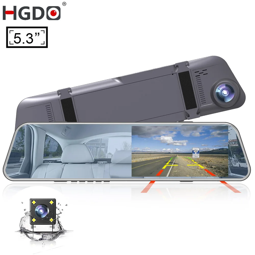 HGDO- retrovisor con cam araCámara de salpicadero DVR para coche, grabadora de vídeo táctil de 5,3 pulgadas, con 2 cámaras de aparcamiento, 1080P