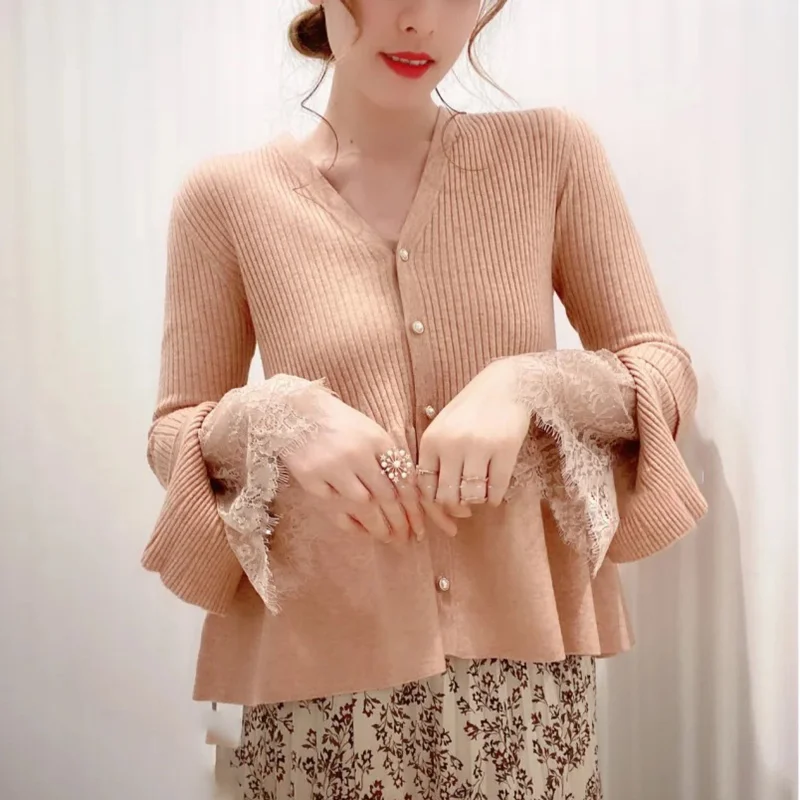 

V Neck Single Breast Long Sleeve Knit Sweater Cardigans Women Solid Slim Fit Work Style Ol Outwear Pull Femme Coat Wild Sueter