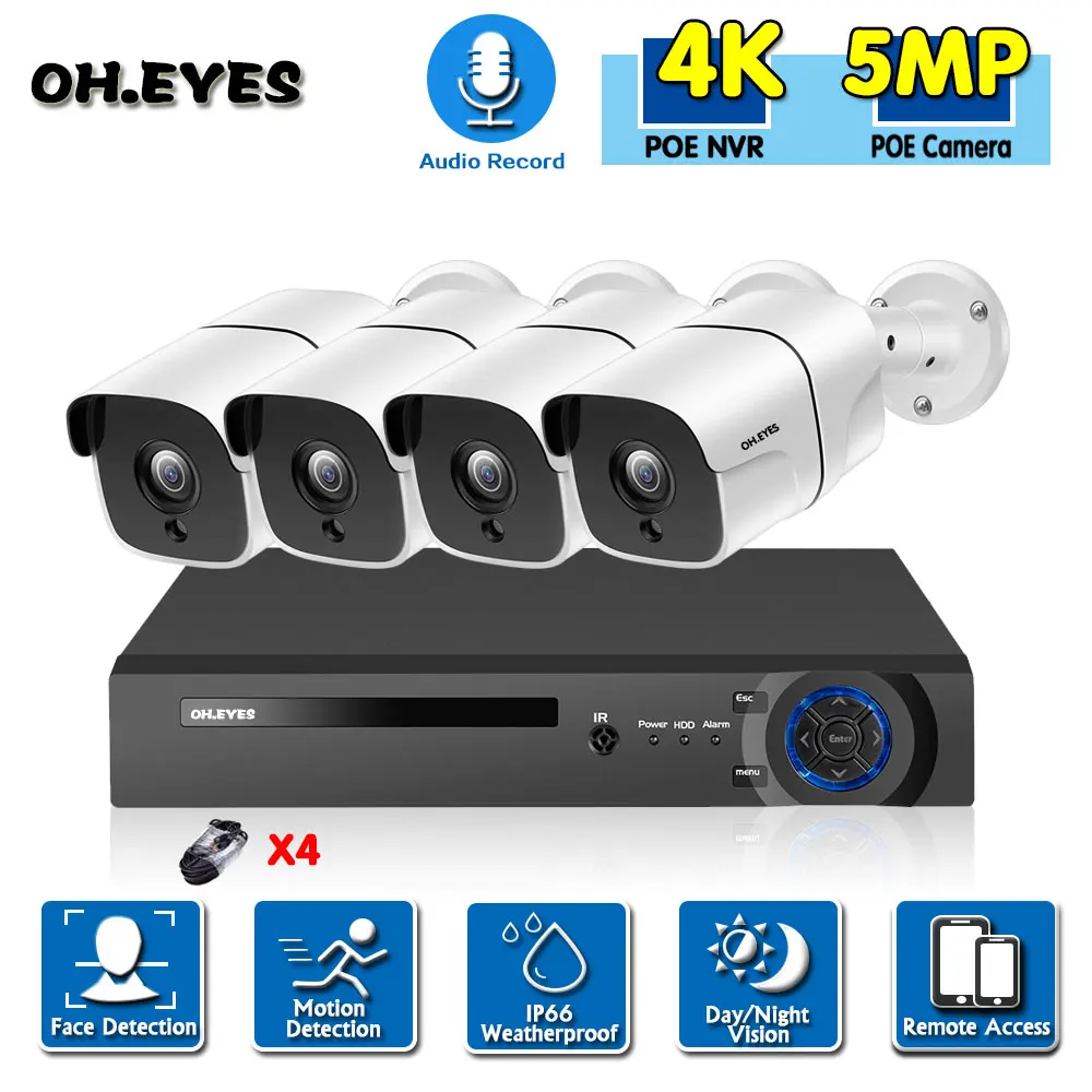 

4K 4CH POE NVR AI Human Detection Audio Record IP Camera System H.265 indoor Outdoor Security CCTV Video Surveillance Kit