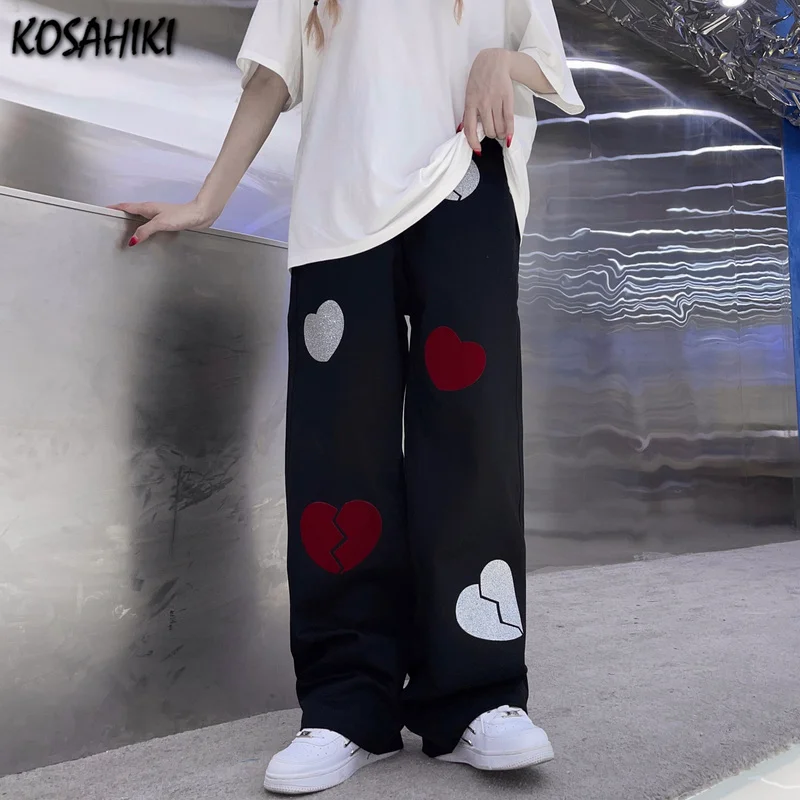 

KOSAHIKI Summer Hip Hop Pants Heart Print Trousers Loose Harajuku Pants 2021 Casual Women Streetwear Jogger Gothic Pants