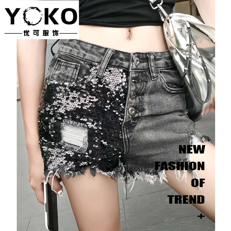 Шорты женские джинсовые с блестками асимметричные свободные широкими