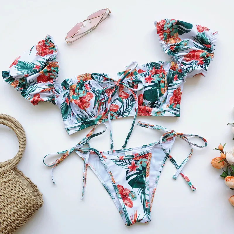 

Women's Swimwear 2021 Summer Sexy Bikini Set Solid Color Short Sleeve Push Up Top Thong Underwear Feminine 2 Piece Bath Swimsuit
