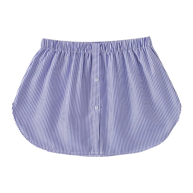 

Women Layered Decorative Skirt Blue Stripes Print Flare Curved False Fake Hem Buttons Elastic Waist Detachable Apron