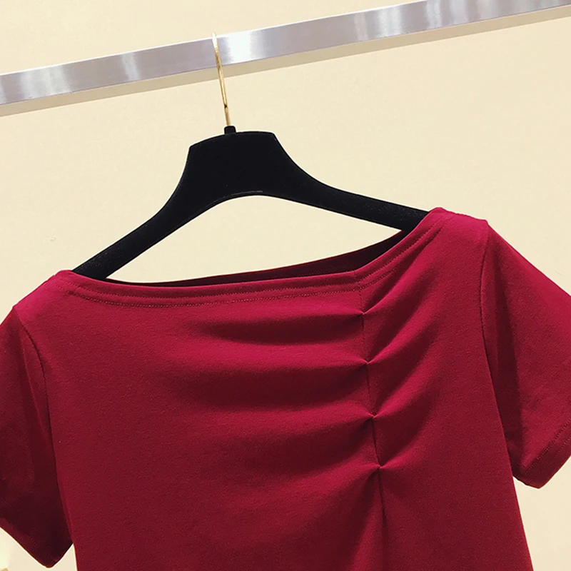 

Skew Collar Folds Cotton T Shirt Women T-Shirt 2020 Summer Tops Solid Tshirt Woman Korean Style Womens Clothing Tee Shirt Femme