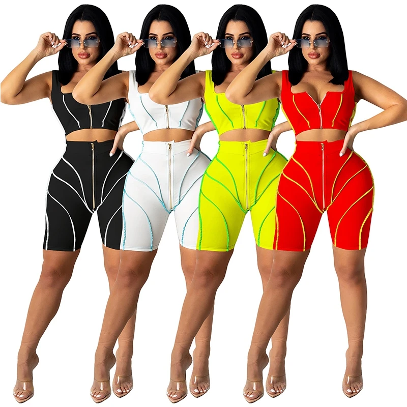 

Summer Women Shorts Two Piece Sets Sleeveless Shirt Tank Top+Shorts Outfits Zipper Tracksuits Joggers