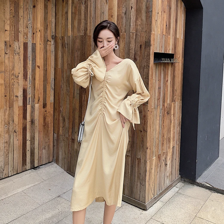 YAMDI элегантное платье в стиле бохо однотонное винтажное средней длины на