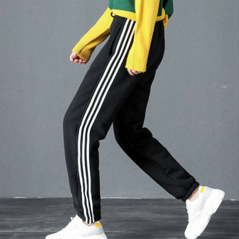 striped black 2 стиля, штаны-шаровары с искусственным мехом ягненка из плотного флиса для женщин, Россия-30 градусов, зима, S~ 3XL размера плюс, теплые штаны, штаны на шнуровке для девочек - Цвет: striped black
