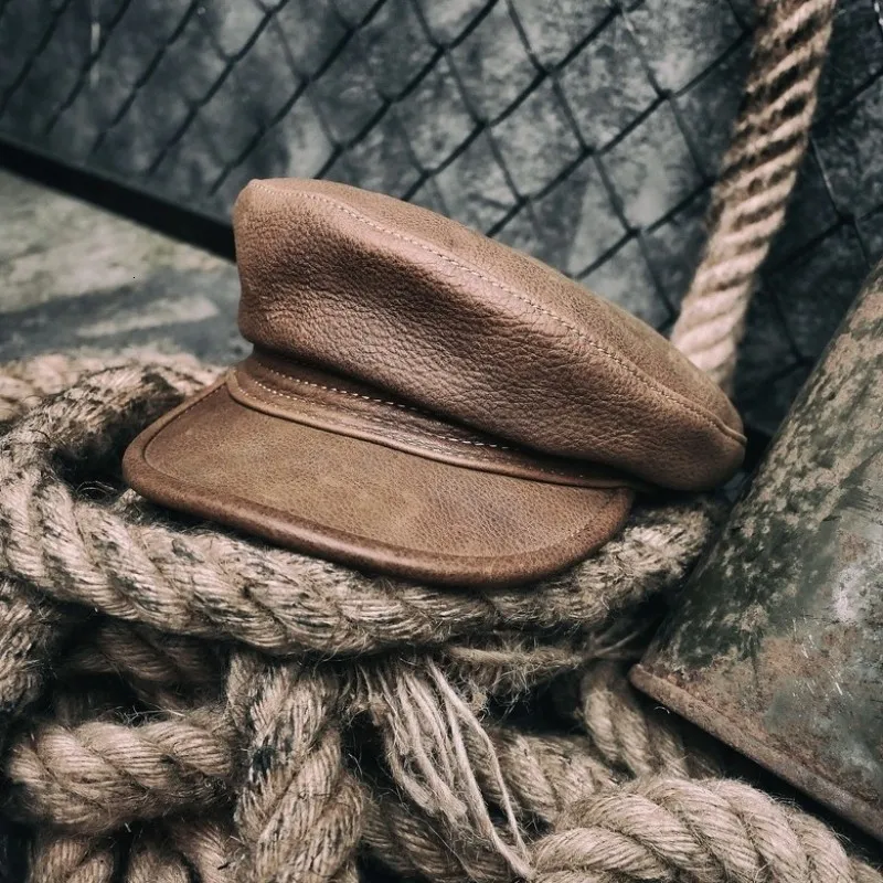 

Luxury leather real lover punk military hat retro Beret Goro women's hat Bini hat men's engine bik hat