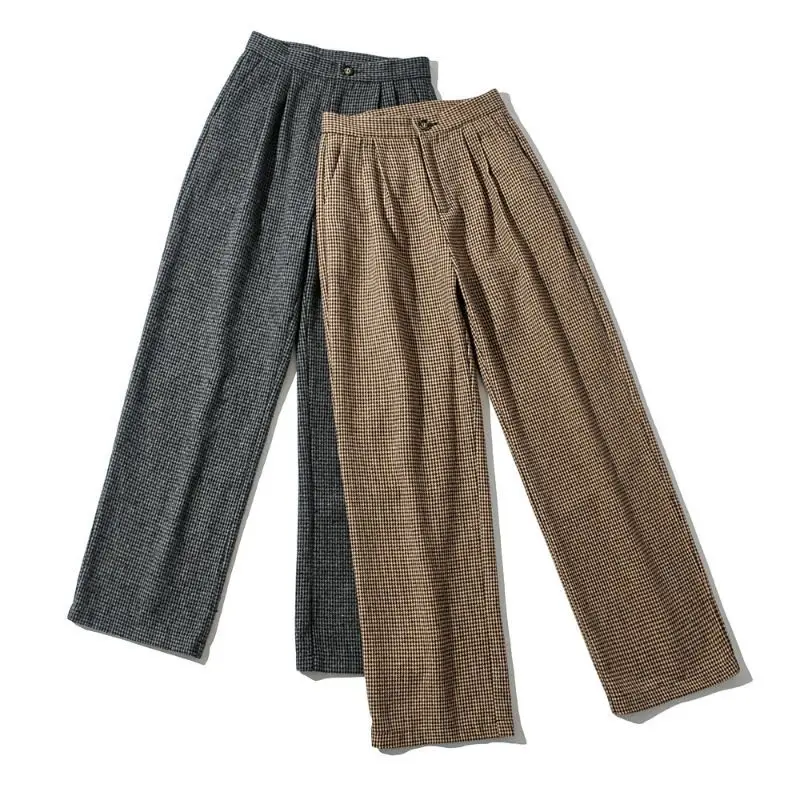 

Elegant Full Length Plaid Pants Women Pleated Loose Lady Harem Pants Casual Houndstooth Wool Long Trousers