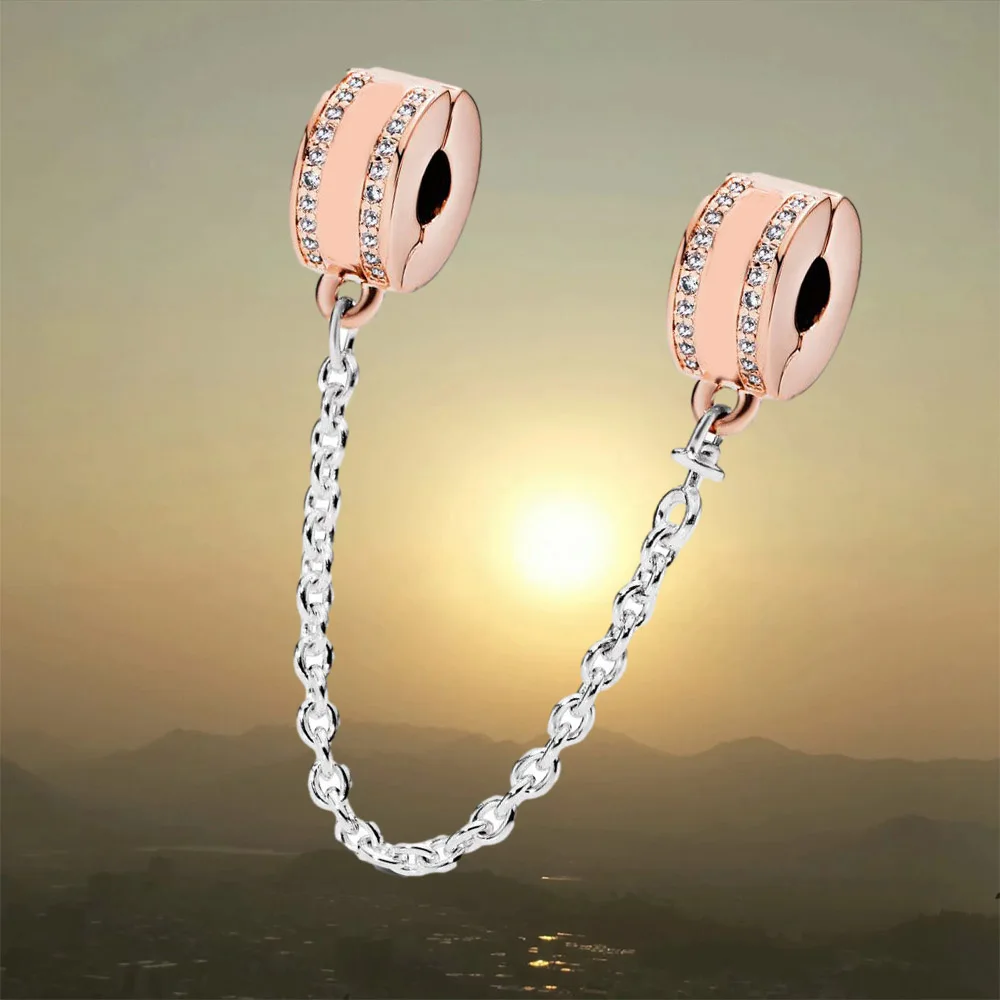 

925 Silver Safety Chain Clip Charm There are two rows of shiny transparent cubic zirconia