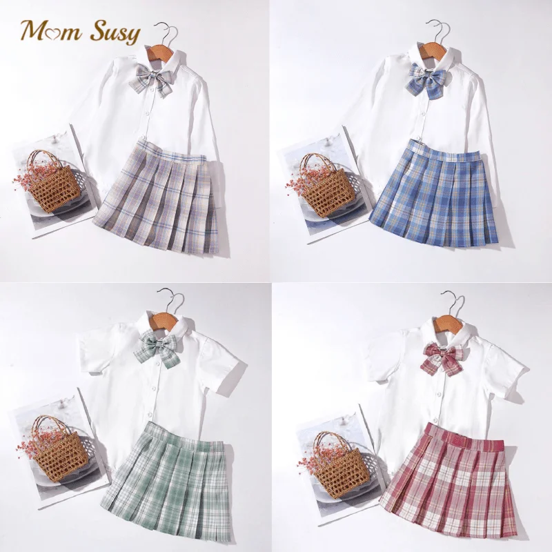 Conjunto de ropa Formal JK de algod&oacute;n para ni&ntilde;a, camisa blanca + Falda plisada a cuadros + pajarita, 3 piezas, traje escolar para ni&ntilde;o de 3 a 14 a&ntilde;os-0