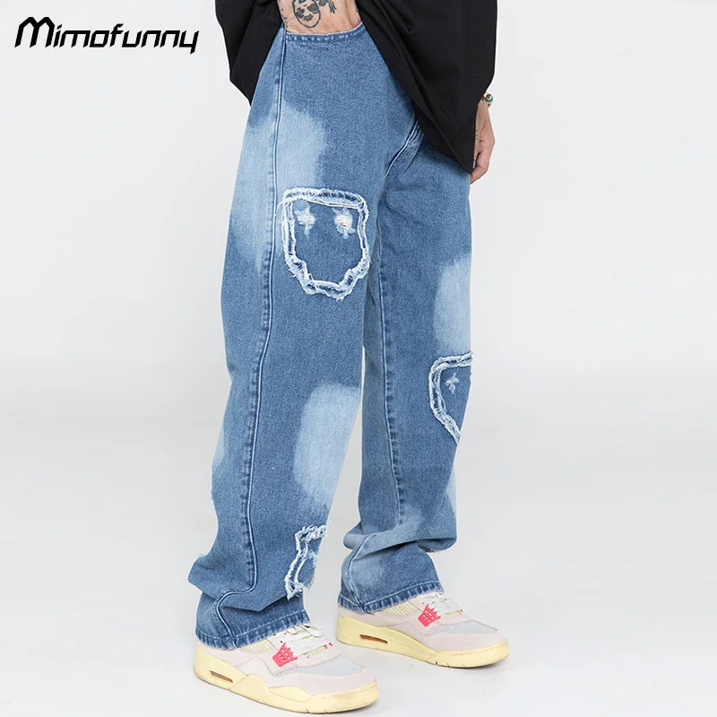 

Jeans Men Ripped Patchwork Gradient Denim Pants Autumn Loose Casual Harajuku High Street Fashion All-match Trousers Men Clothing