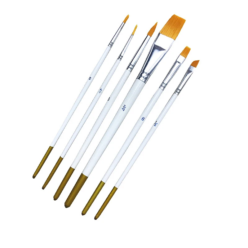 

6Pcs/Pack Nylon Watercolor Gouache Acrylic Painting Brush Wooden White Rod Pointed Flat Head Paint Brush Pen Art Supplies