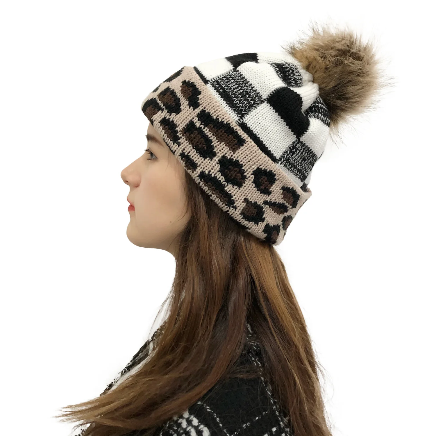 

Womens Beanie Leopard Warm Knit Faux Fur Pom Cuff Beanies Hat Knit Skull Cap Vintage Cheetah Print Head Cover