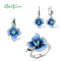 santuzza 925 sterling silver jewelry set for women blue flowers pendant earrings ring wedding gifts fine jewelry handmade enamel