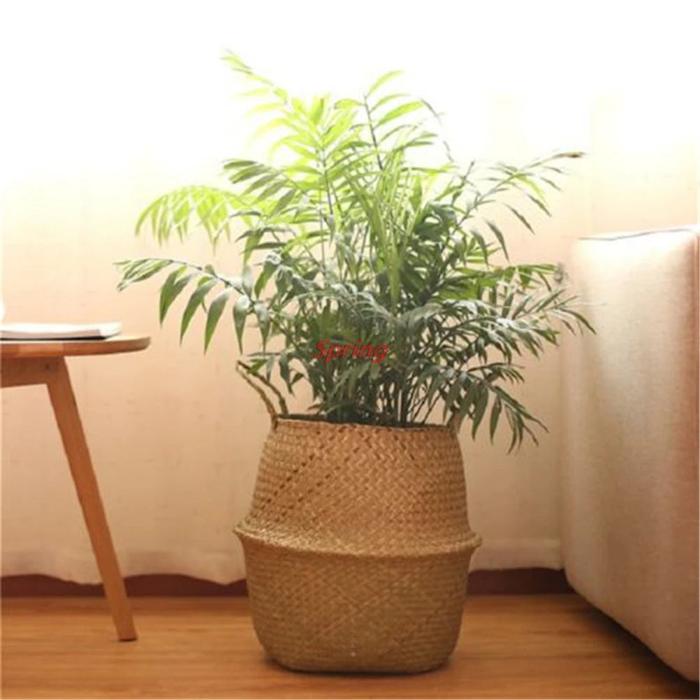 

Practical Handmade Bamboo Storage Baskets Laundry Straw Patchwork Wicker Rattan Seagrass Belly Garden Flower Pot Planter Basket