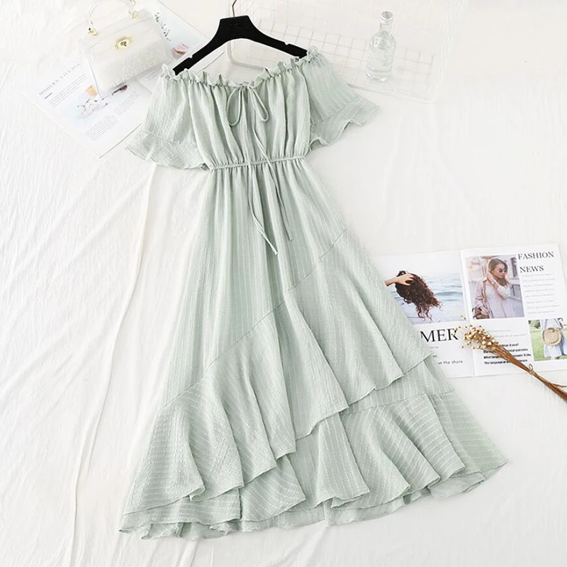 

Women Summer Dress Slash Neck Off Shouder Solid Cotton linen Dresses 2020 High Waist A-line Ruffles Midi Dress Robe Femme