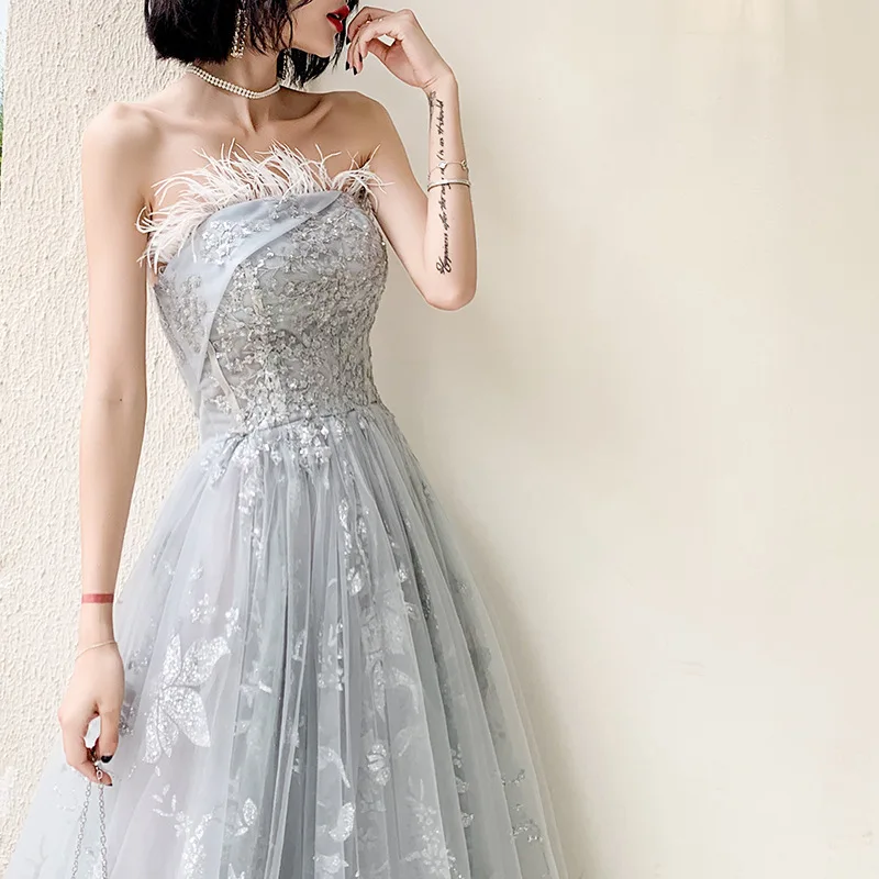 Gray Sexy Hand-beaded Oriental Party Female Sequins Stage Show Embroidery Qipao Elegant Celebrity Evening Dress Banquet Dresses