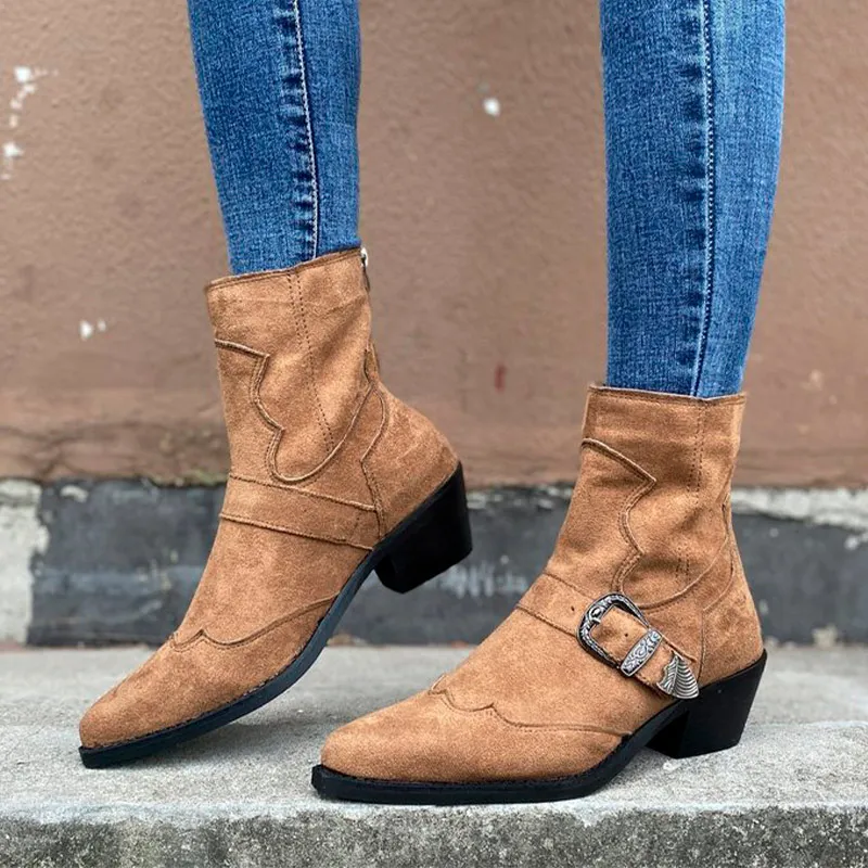 

Новые женские ботинки из флока с острым носком на среднем каблуке ботильоны с пряжкой на молнии сзади прошитая повседневная обувь женские р...
