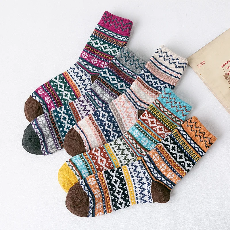 5 Pairs Super Warm Rabbit Wool Socks Female Thick Winter Snow Striped Vintage Women Socks