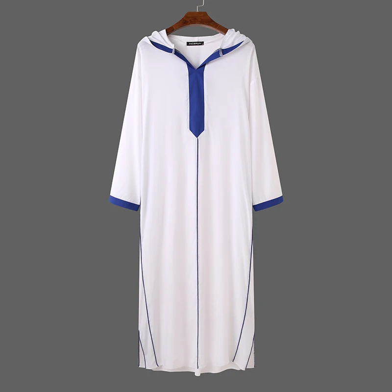 

Men Muslim Kaftan Islamic Arabic Robes Patchwork Vintage Middle East Caftan Hooded Loose Casual Long Sleeve