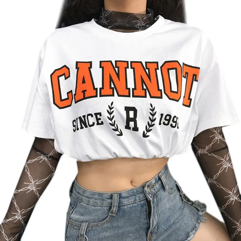 

Women Summer Short Sleeve Navel T-Shirt Drawstring Hem Letters Printed Crop Top Harajuku Hip Hop Sport Loose Streetwear