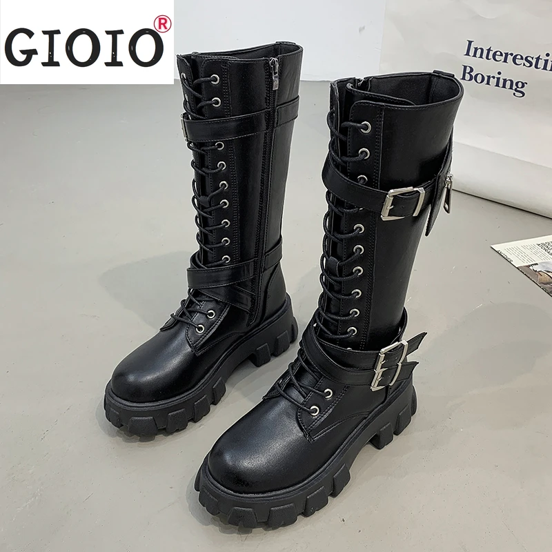 

Gothic Women's Buckle Chunky Knee High Long Boots Women Shoes Lace Up Platform Motorcycle Boots Women Gothic Punk Shoes Woman