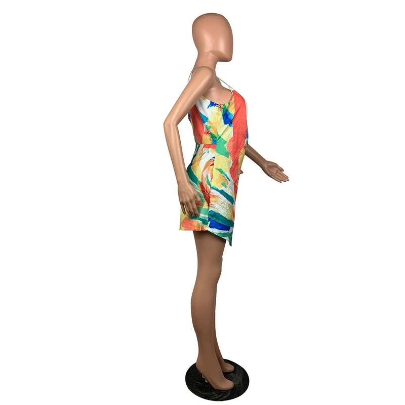 

Women Summer Bodysuits Sexy tie-dye Print V-Neck Strap Rompers Street Jumpsuits One Piece Outfits S