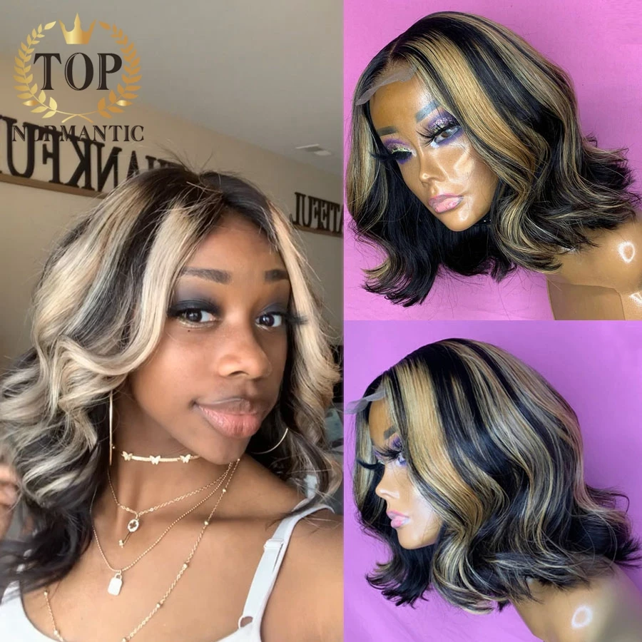 Parte do Laço Perucas de Cabelo Humano para as Mulheres Onda do Corpo Topnormantic Onda Solta Remy Destaque Cor Curto Bob Peruca Pré Arrancado Linha Fina t