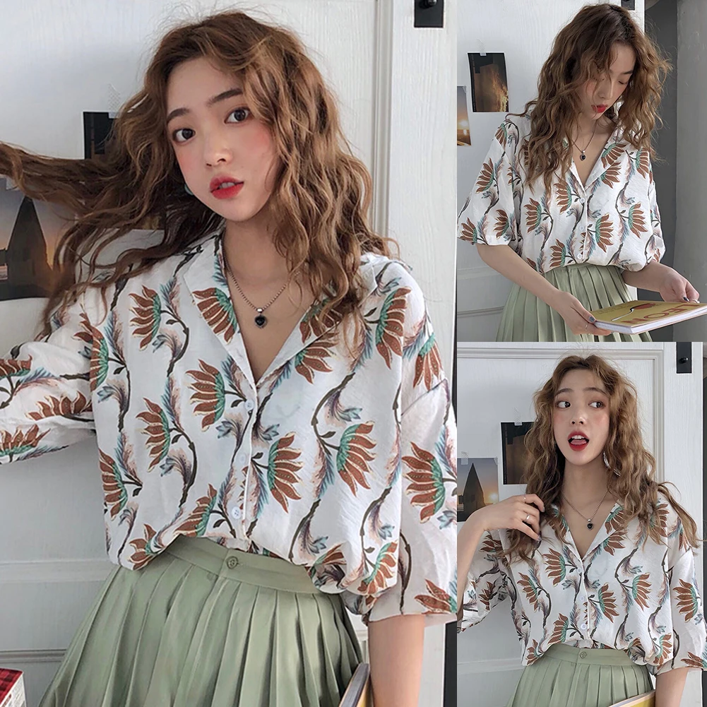 

Floral Print Short Sleeves Summer Women Loose Chiffon Office Top Blouse Shirt
