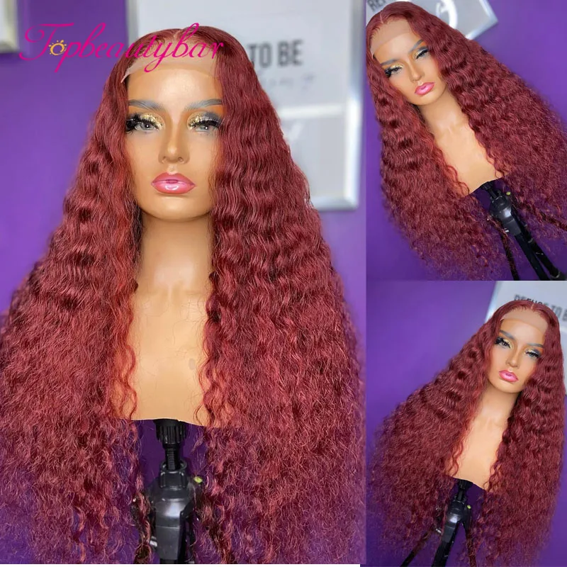 Темно красный кудрявый передний парик из человеческих волос на сетке Remy 13x4