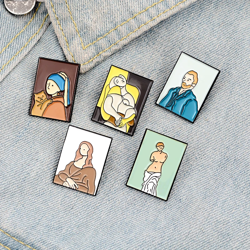 

Artist Oil Painting Enamel pins Picasso Van Gogh Mona Lisa Venus Art Brooches Cartoon Badge Wholesale Lapel Pin For Friends