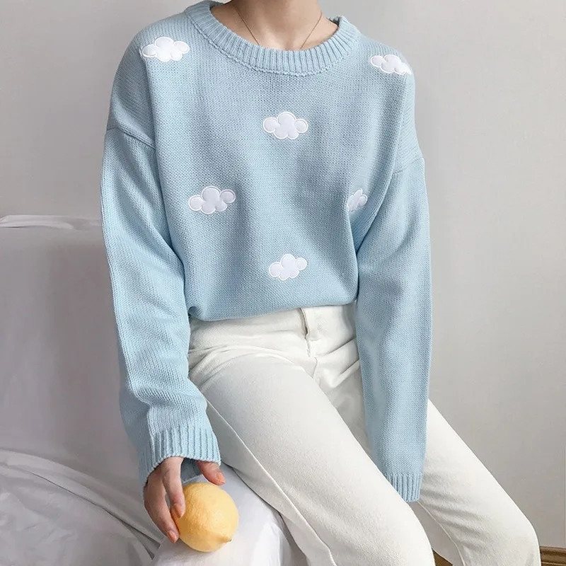 2019 женский свитер Kawaii Ulzzang в винтажном стиле для колледжа свободный с облаками