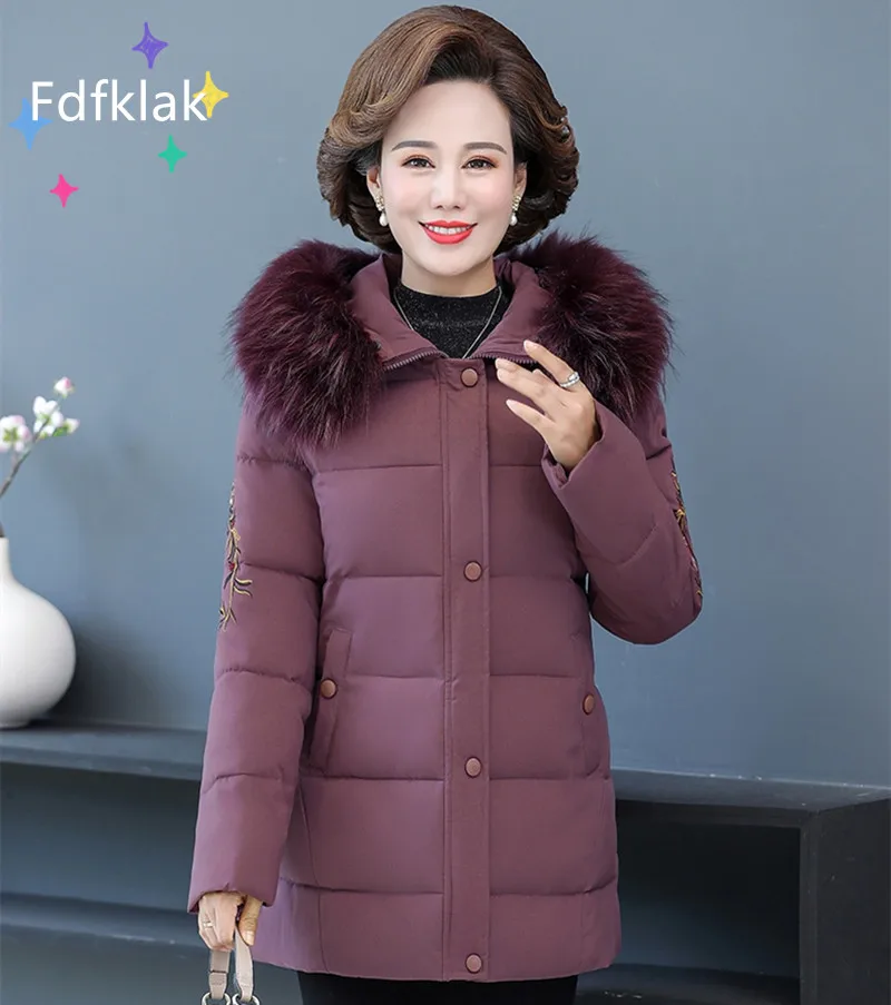 Fdfklak Middle-Aged Elderly Ladies Winter Jackets Large Fur Collar Thick Floral Jacket Women Clothing Russian Winter Coats