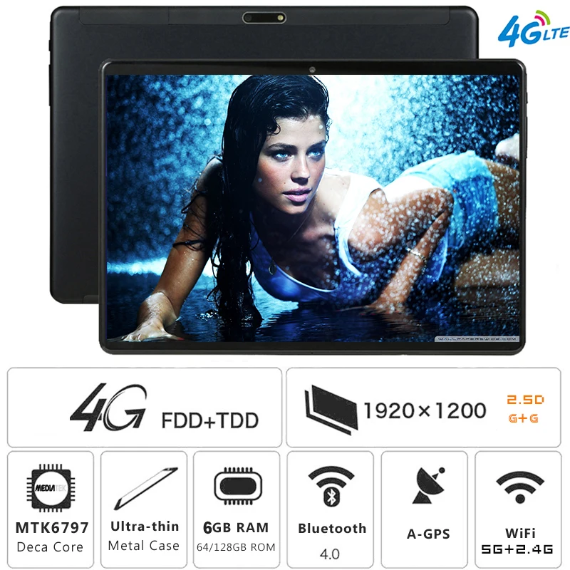 Новейшая модель; планшетный ПК 10 дюймов 4G-LTE 2.5D закаленное Стекло Android 8,1 A-GPS Wi-Fi 6 ГБ Оперативная память 128 Гб Встроенная память ips Deca Core, размер экрана планшета 10,1