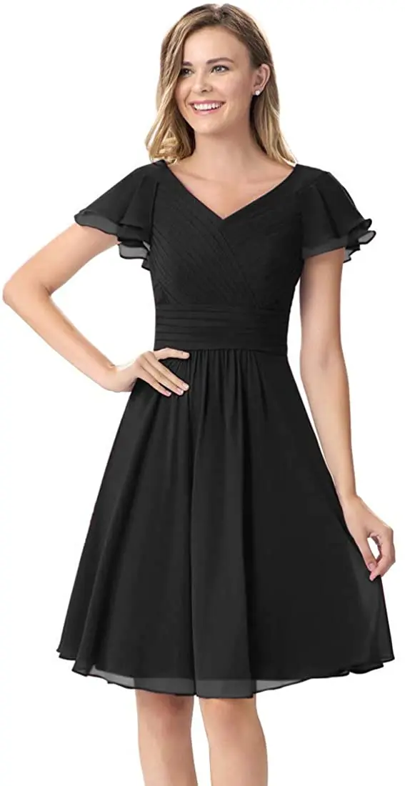 

Women's V-Neck Pleated Bridesmaid Dresses Short Evening Formal Gowns with Ruffle Sleeve Prom Dresses with Sparkles