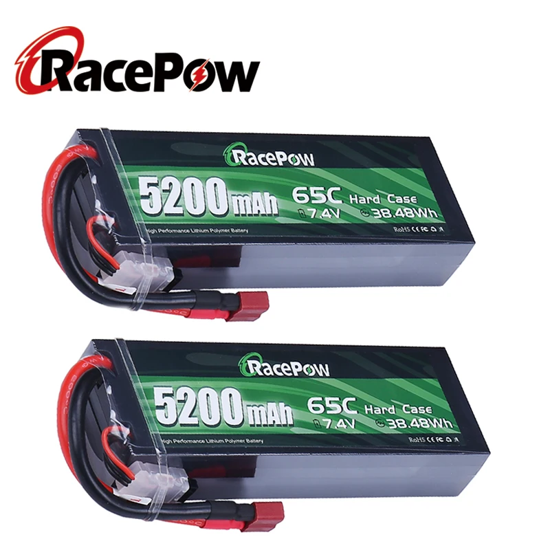 

RacePow 7.4V 5200mAh 65C 2S RC Lipo Battery Hard Case with T Deans Plug for RC Evader Car Traxxas Vehicle Crawl Truck 2 units
