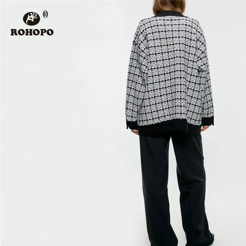 ROHOPO V Collar Long Sleeve Gold Buttons Fly Tweed Sweater Plaid Tops and side Welted Pockets Cardigan Knitted Outwear #9667 |