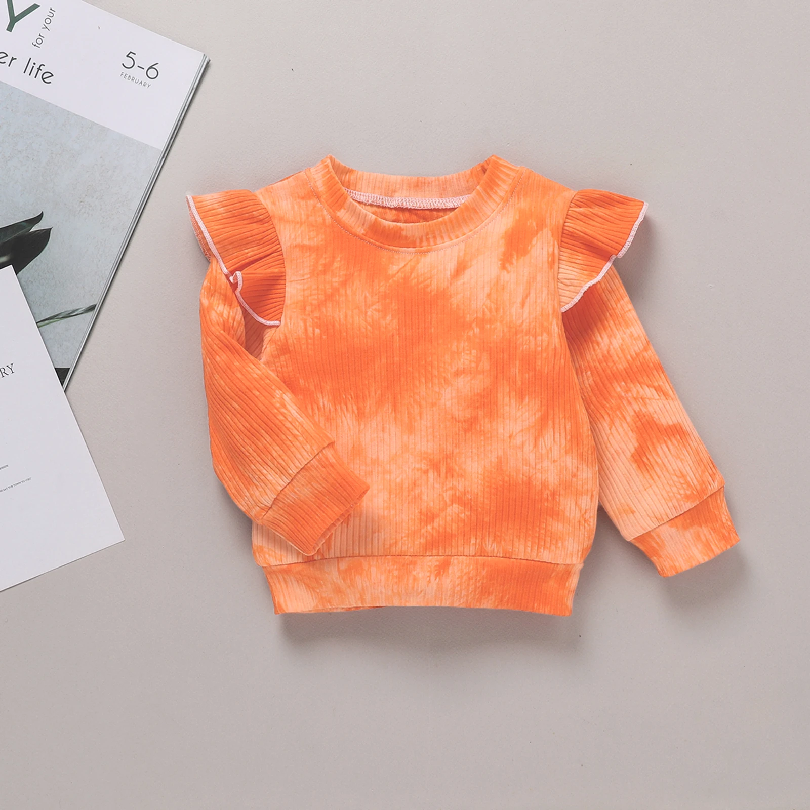 

Children's Boys Girls Two Piece Set Fashion Fly Sleeve Tie Dye Pit Stripe Crew Neck Long Sleeve Pullover Kid's Bow Pants