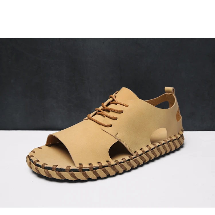 

Retro Men Peep toe Sandals Fashion Man Lace Up Hollow Out Casual Summer Beach Shoes Nonslip
