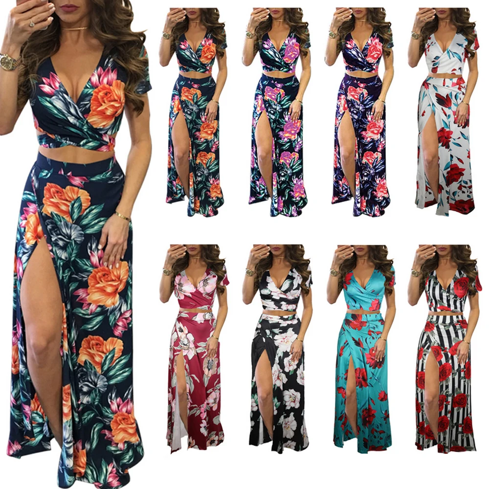 

2021 Women Two Piece Set Summer Dress Vintage Printed Sleeveless Boho Maxi Dress Plus Size 3XL Elegant Party Dress Sexy Vestidos