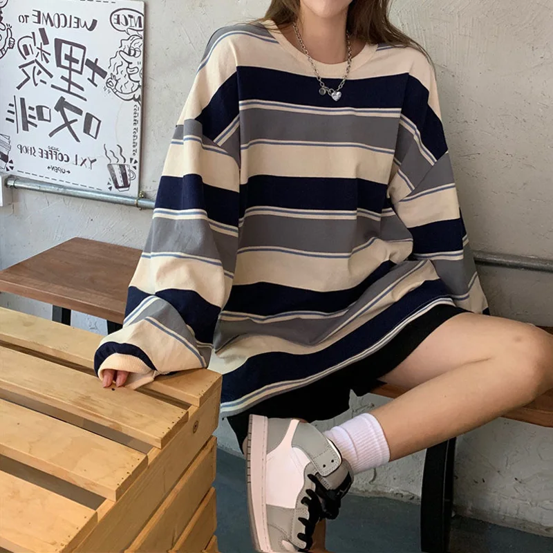 Футболка женская в стиле Харадзюку универсальная рубашка полоску свободная