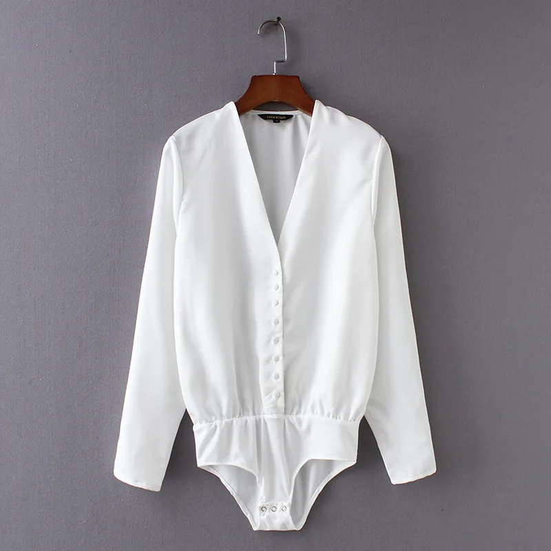Женский шифоновый комбинезон с длинным рукавом и треугольным вырезом на кнопках