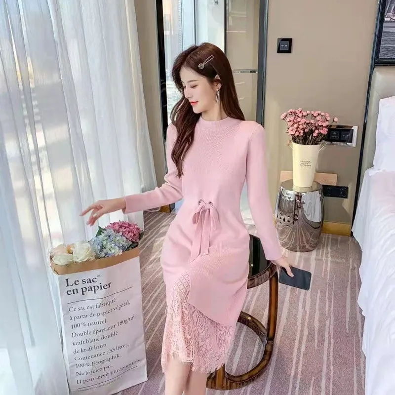

2021 Autumn and Winter New Fashion Lace Look Thinner Waist Mid-length Knit Solid Color Round Neck Tie Dress Women's Clothing