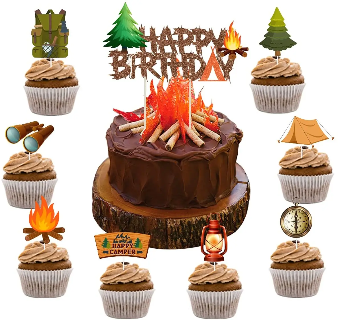 Camping Themed Happy Birthday Cake Topper 24 Pack Cupcake Picks Flashlight Campfire for Camping Birthday Party Decorations