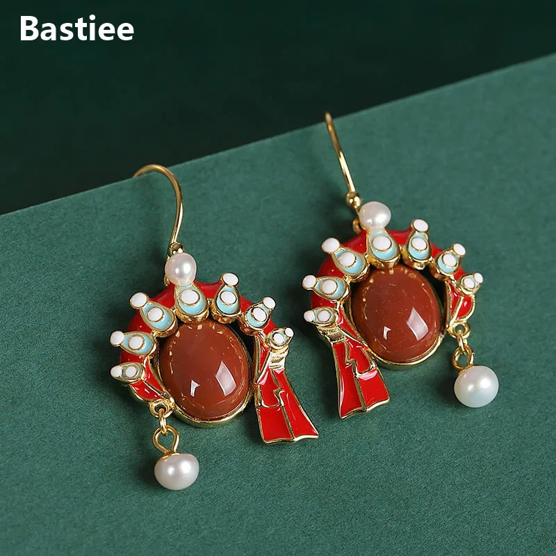 Bastiee Beijing Opera Mask Drop Earrings 925 Sterling Silver Jewelry For Women Pearl Dangle Earings Red Agate Gold Plated Luxury
