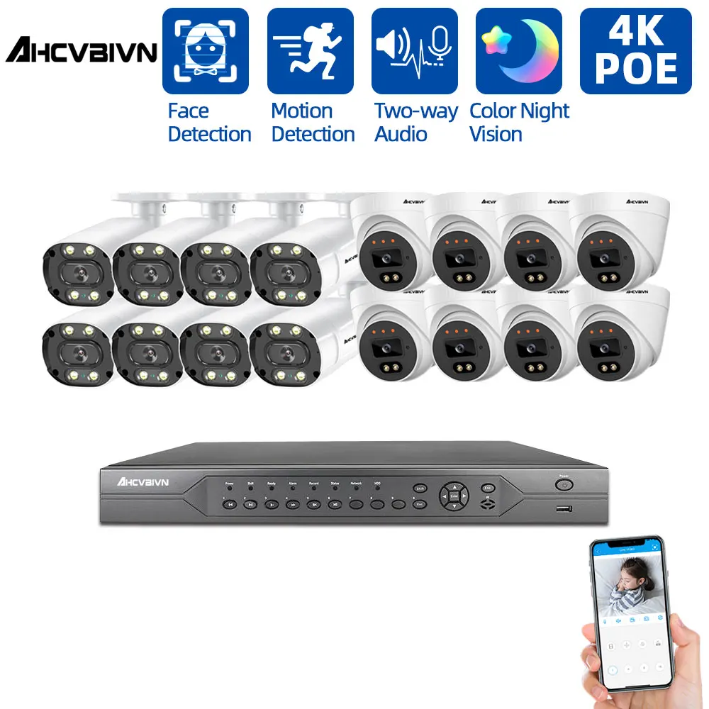 CCTV камера комплект системы безопасности 16ch POE 8MP NVR 4K Крытый Открытый HD Цвет Ночное